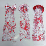 Vintage Halloween Rose Headband Retro Mesh Veil Gothic Bowknot Crown with Headscarf Red Simulation Rose Cosplay Headdress