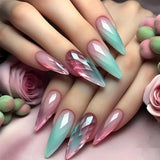 Popxstar 24Pcs Almond Fake Nail with Amber Stripes Design Wearable Long Stiletto False Nails Blue French Full Cover Finished Fingernails