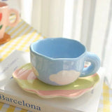 Popxstar  180Ml Handmade Ceramic Coffee Cup and Saucer for Afternoon Tea Milk Cup and Saucer Latte Cup Dessert Plate Creative Gift