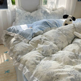 Popxstar Blue Floral Ruffle Duvet Cover Set Queen Flower Leaf Comforter Covers 4Pcs Soft Luxury Pastoral Garden Washed Cotton Bedding Set
