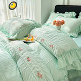 Popxstar Korean Princess Style Lace Ruffles Wedding Bedding Set Seersucker Washed Cotton Soft Duvet Cover Set Bed Sheet Pillowcase 3/4Pcs