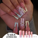 Popxstar 24Pcs Pure White French Press on Nails Long Square Head False Nails with Pearl Pink Bow Design Ballet Wearable Fake Nails