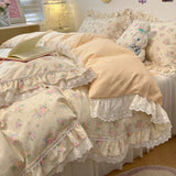 Popxstar  4Pcs Vintage French Fresh Floral Lace Ruffles 100% Cotton Bedding Set Duvet Cover Bed Skirt/Bed Sheet/Fitted Sheet Pillowcases