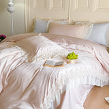 Popxstar  Vintage Jacquard Lace Ruffles Wedding Bedding Set Lyocell Cotton Soft Silky Duvet Cover Set Bed Sheet Fitted Sheet Pillowcases