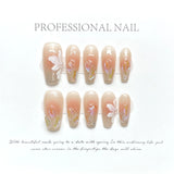 Popxstar  10Pcs Pink Handmade Fake Nail with Gold Foil Long Ballet French False Nails Cat's Eye Design Press on Nails Full Cover Nail Tips