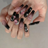 popxstar Black Y2K Press on Nails Long Coffin Pink Fake Nails with Diamond Designs Gradient Color Wearable False Nail for Women 2025 New