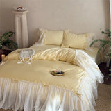 Popxstar  800TC Egyptian Cotton Brushed Bow Lace Ruffles Princess Wedding Bedding Set Duvet Cover Flat Bed Sheet Pillowcases 4Pcs