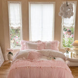 Popxstar  Romantic Lace Ruffles Bow Wedding Bedding Set 800TC Lyocell Silky Cooling Duvet Cover Flat/Fitted Bed Sheet Pillowcases 4Pcs