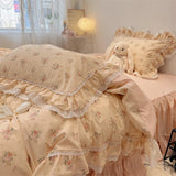 Popxstar  3/4Pcs Korean Princess Style Floral Lace Ruffle 100% Cotton Bedding Set Duvet Cover Bed Skirt/Bed Sheet/Fitted Sheet Pillowcases
