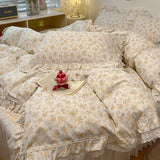 Popxstar  4Pcs Vintage French Fresh Floral Lace Ruffles 100% Cotton Bedding Set Duvet Cover Bed Skirt/Bed Sheet/Fitted Sheet Pillowcases