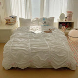 Solid Color Pleated Textured Soft Breathable Chic Princess 4pcs Bedding Set, Delicate Bows Twin Duvet cover Bed sheet Pillowcase