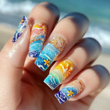 Popxstar  24pcs Colorful Fake Nails Press on Sets Summer Seaside Pattern Design Full Cover Nails Tips Datachable False Nail Art Finished