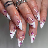 popxstar 24pcs/set Almond Pink False Nail Blue Stars Design Fake Fingernails Wearable Artificial Acrylic Full Cover Press On Nail Tips