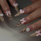 Popxstar  3D Bowknot Pearl Wearable Nail Art Fashion Leopard French Nude Almond Fake Nails Detachable Finished False Nails Press on Nails