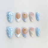 24pcs Pink Spring Summer Nail Art French Edge Fake Nails Sweet Pearl Star Shell False Nails 3D Flower Press on Nails Almond Nail