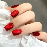 Popxstar 24Pcs Finished Press on Nails Simple Red Cat's Eye Design False Nail Wearable Square Head Fake Nails Glitter Full Cover Nail Tip