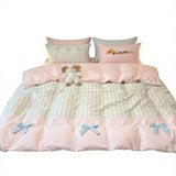 3/4Pcs Bedding Set Bed Sheets Full Set 100% Cotton Checkered Bow Pink Duvet Cover Cute Core Princess Bedding Four-Season