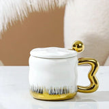 Popxstar  Light Luxury Mug with Lid Spoon Electroplated Golden Cup Water Cups Ceramic Breakfast Mug Creative Coffee Cup Milk Cup Girl Gift