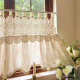 Rustic Cutout Lace Splicing Curtain with Tab Top Imitation Hemp Vintage Farmhouse Curtain Kitchen Window Half Curtain