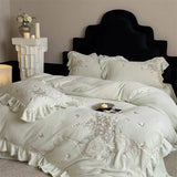 Popxstar  lily of the valley Embroidery Ruffles Princess Bedding Set Velvet Warm Winter Duvet Cover Flat/Fitted Bed Sheet Pillowcases 4Pcs