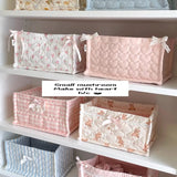 Popxstar Square Storage Basket Lace Flower Desktop Organizer Storage Basket Korean Quilted Storage Basket Cute Storage Frame Home Decorat