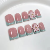 Popxstar  10pcs Sweet Nude Pink Handmade Press on Nails Art Bow Design Short Square Fake Nail Tips Flower Diamond Design French False Nail