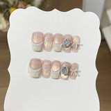 10pcs Creme Lace Bowknot Fake Nails Coffin Handmade Press on Nails French Cat Eye False Nails Sweet Pearl Rhinestone Nail Art