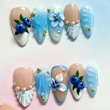 24pcs Red Cat Eye Press on Nails Pearl Heart Stick on Nails Bow French Fake Nails Sweet Cute Flower Nail Almond 3D False Nail
