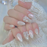 Popxstar  24pcs Simple Bow Almond Fake Nails Aurora White Datachable Full Cover Nail Tips Shiny Powder Design Short Press on False Nails