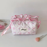 popxstar New Fashion Cherry Tote Women Makeup Bag Portable Cute Ladies Cosmetic Toiletry Storage Pouch Handbag Cotton Quilted Zipper Bag