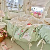 4Pcs Bedding Set Floral Rabbit Bow Lace Bed Sheets With Green Duvet Cover Muslin Bedding Bed Sheets Kawaii Princess Bedding