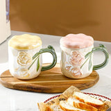 Popxstar  Ceramic Mug Relief Rose Flower Coffee Milk Cup Tea Cup Ins Style Hand-painted Design Couple Girl Romantic Drinkware Mug Gift