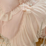 Popxstar Chiffon Lace Bedding Set Pink France Romantic Princess Wedding Ruffles Bow Soft Duvet Cover Bed Sheet Pillowcases Home Textile