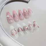Popxstar 24pcs Sweet False Nail Patches Detachable Fake Nail Tips With Bowknots Love Heart Pearl Design Pink Almond Korean Press On Nail