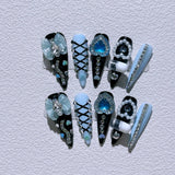 10Pcs Y2k Almond Press on Nails Cool Spicy Lolita False Nails Black Bowknot Diamond Nail Art Pink Sweetheart Camellia Fake Nails