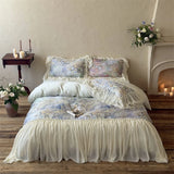 Popxstar  Flowers Print Chiffon Lace Ruffles Princess Bedding Set 600TC Lyocell Cotton Duvet Cover Flat/Fitted Bed Sheet Pillowcases 4Pcs