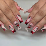 Popxstar  Gradient Black Red Halloween Fake Nails Long Coffin French Style Press on Nails 3D Spider Designs Y2K Punk Fashion False Nail