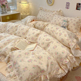 Popxstar  4Pcs Vintage French Fresh Floral Lace Ruffles 100% Cotton Bedding Set Duvet Cover Bed Skirt/Bed Sheet/Fitted Sheet Pillowcases