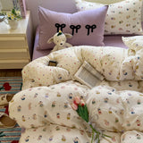 Popxstar  Cartoon Bedding Set Ins Korean Towel Embroidery Bed Linen Flat Sheets Set 2 Pillowcases Twin Double Queen Size Duvet Cover Set