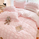 Popxstar Seersucker Princess Bed Set Solid Color Quilt Cover Kawaii Ruffle Lace Bed Skirt For Girls Woman Bedspread Decor Home