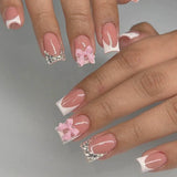 popxstar 24Pcs Pink French Style Fake Nails 3D Bowknot Designs Short Square Press on Nails Sweet Korean Fashion False Nail for Women Girl