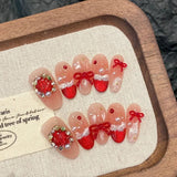 Popxstar 10Pcs Pink Almond Handmade Press on Nails Bow Fake Nails with Rhinestone Decoration Wearable Stick-on Nails False Nail 네일팁