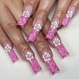 Popxstar 24 sweet cherry blossom red printed coffin full cover fake nails, French white, suitable for women's daily wear, 1 nail file and