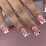 Popxstar  24pcs Square Fake Nails Finished Leopard Print French False Nail Art Pink Bow Flower Design Press on Nails Reusable Manicure Set