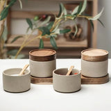 Popxstar Ceramic Seasoning Jar Retro Japanese Style Home Kitchen Salt Chili Sugar Jar Oil Pot Wooden Lid Spice Kitchen Utensils Modern