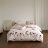 Popxstar  Flowers Towel Embroidery Bedding Set 100% Cotton Brushed Single Queen King Size Duvet Cover Flat/Fitted Sheet Pillowcases 3/4Pc