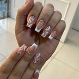 Popxstar 24Pcs Short Purple False Nails Leaf with French Design Gold Foil Wearable Fake Nails Coffin Ballet Full Cover Press on Nail Tips