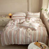 Popxstar  Striped Duvet Cover Set Queen 100% Washed Cotton Bedding Set, Luxury Soft Pink Vertical Ticking Stripes Comforter Cover, (3pcs)