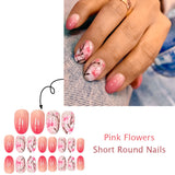 Popxstar  Blush Pink False Nails 24Pcs Short Round Head Press On Nails Floral Printed Summer DIY Manicure Full Cover Acrylic Fake Nails
