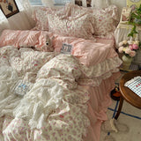 Popxstar 3/4Pcs Korean Princess Style Floral Ruffles Bedding Set Skin-friendly Soft Duvet Cover Set Bed Sheet Or Bed Skirt Pillowcases